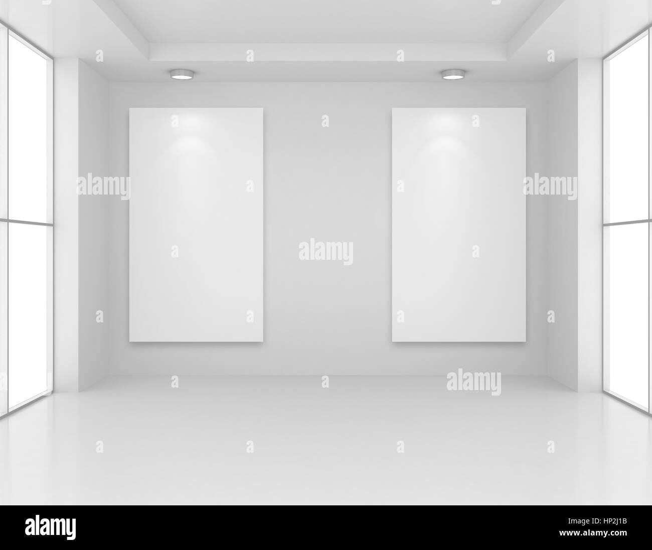 Interno della galleria con telaio vuoto sulla parete e luci. Il rendering 3D Foto Stock