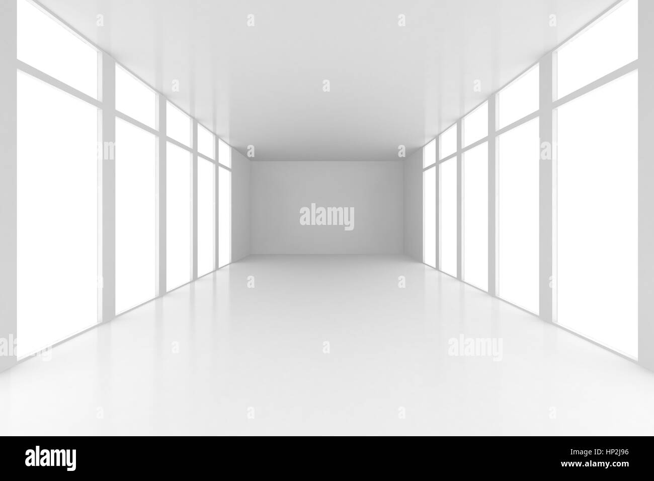 Interno con pareti bianche in cui cade la luce proveniente dalla finestra sul soffitto. Illustrazione dello sfondo del rendering 3d. Foto Stock
