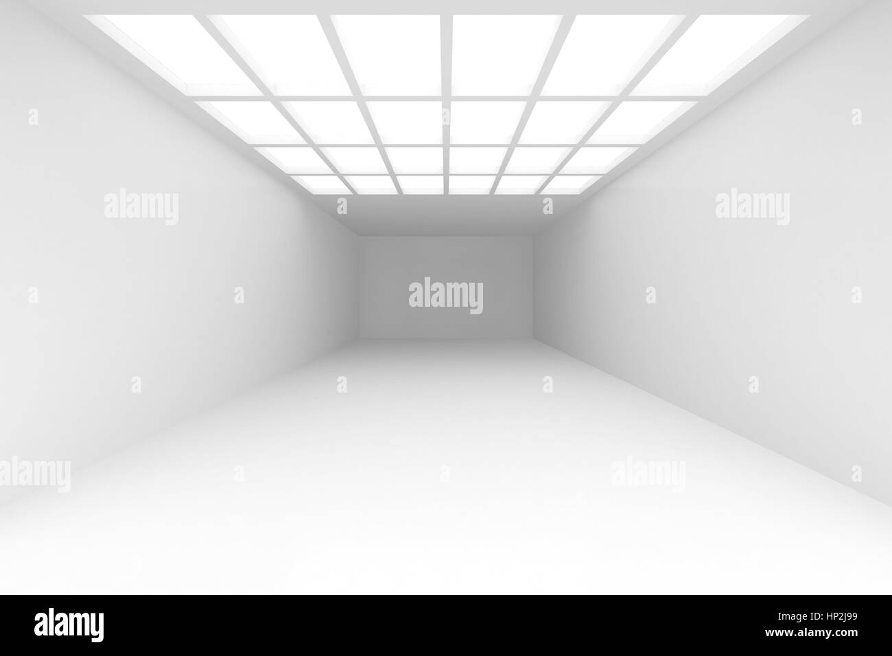 Interno con pareti bianche in cui cade la luce proveniente dalla finestra sul soffitto. Illustrazione dello sfondo del rendering 3d. Foto Stock