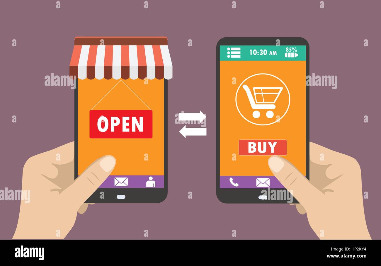 Una mano trattiene un negozio di smartphone, l'altra mano tenendo un telefono intelligente con icona shopping, e-commerce sul telefono, design piatto Illustrazione Vettoriale