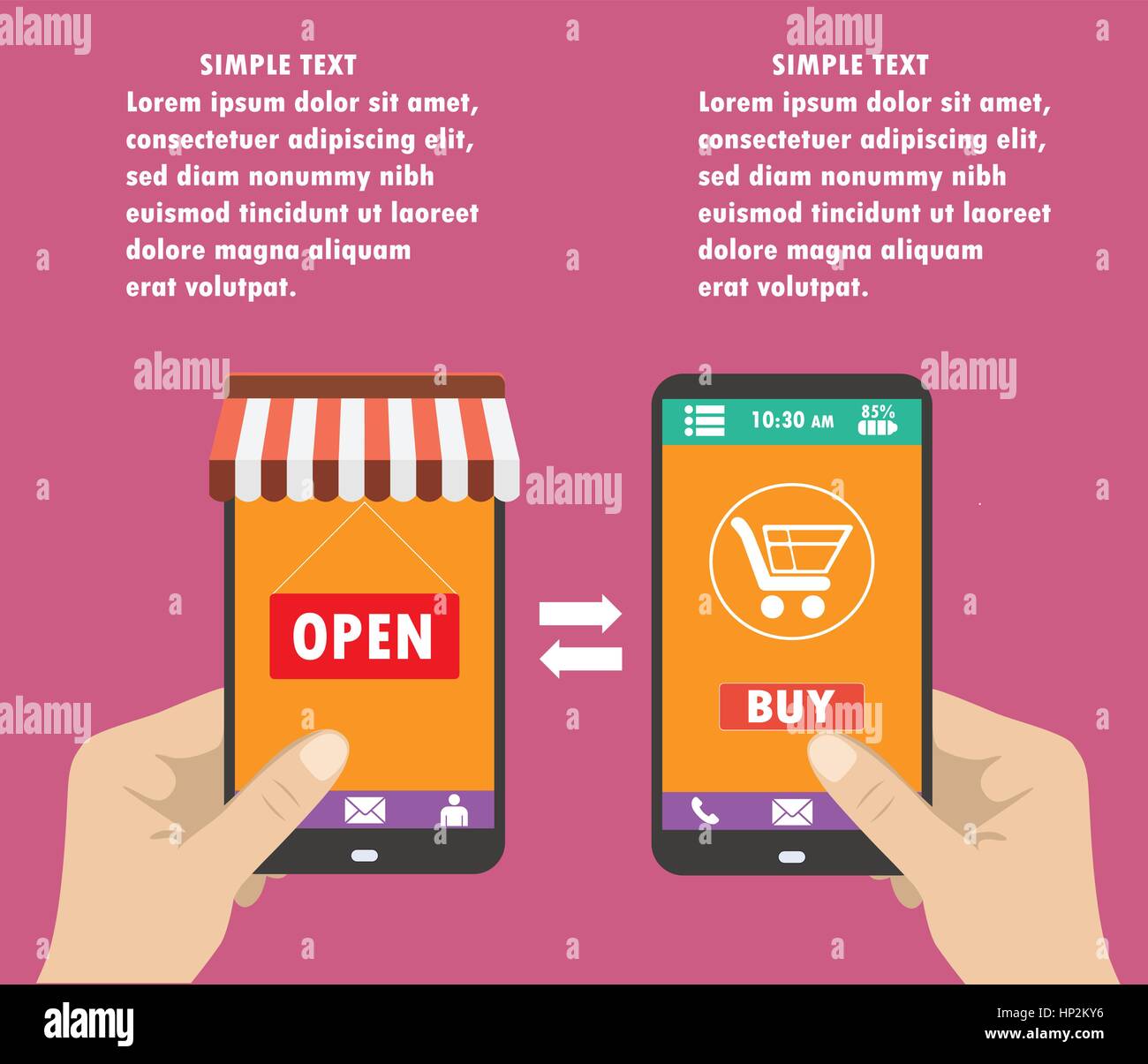 Una mano trattiene un negozio di smartphone, l'altra mano tenendo un telefono intelligente con icona shopping, e-commerce sul telefono, design piatto Illustrazione Vettoriale