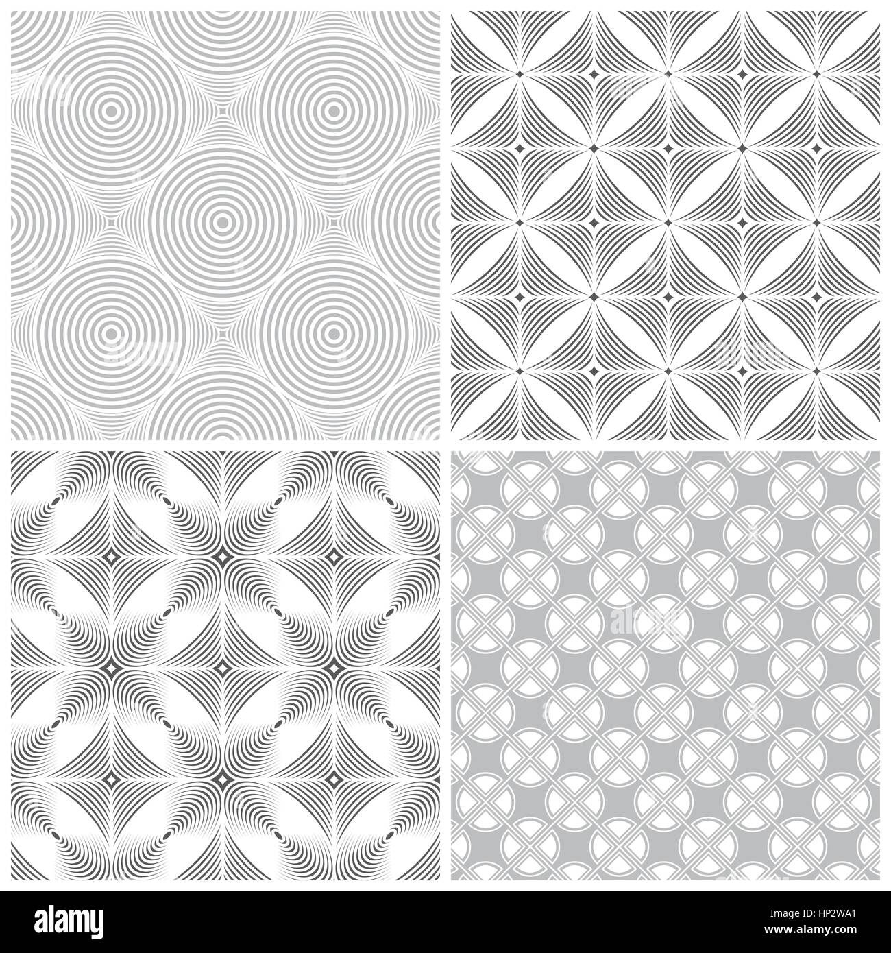 Modello senza giunture. Raccolta di quattro eleganti classica texture. Figure geometriche ripetitive, cerchi rhombus, ovale, archi. Monocromatico. Sullo sfondo. Web. Illustrazione Vettoriale