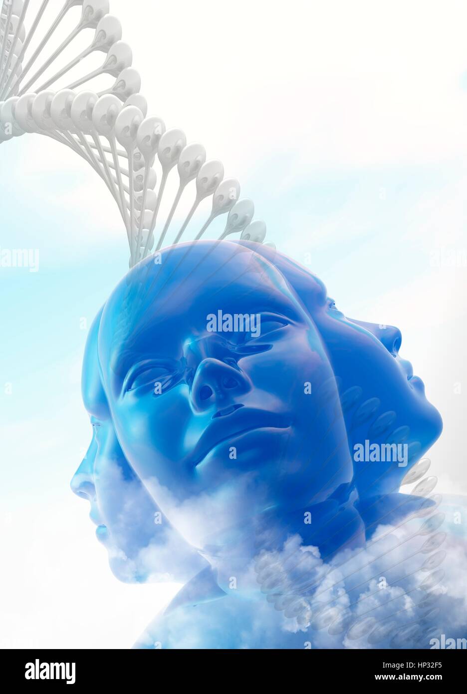 DNA (acido desossiribonucleico) trefoli e volti umani, illustrazione. Foto Stock