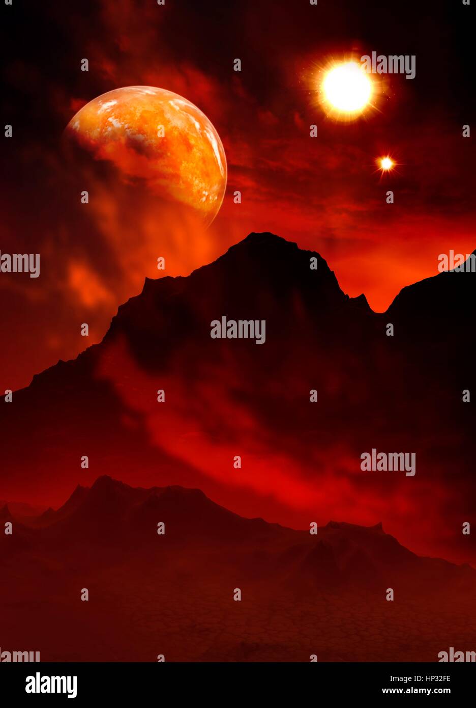 Silhouette di montagne e il pianeta, illustrazione. Foto Stock