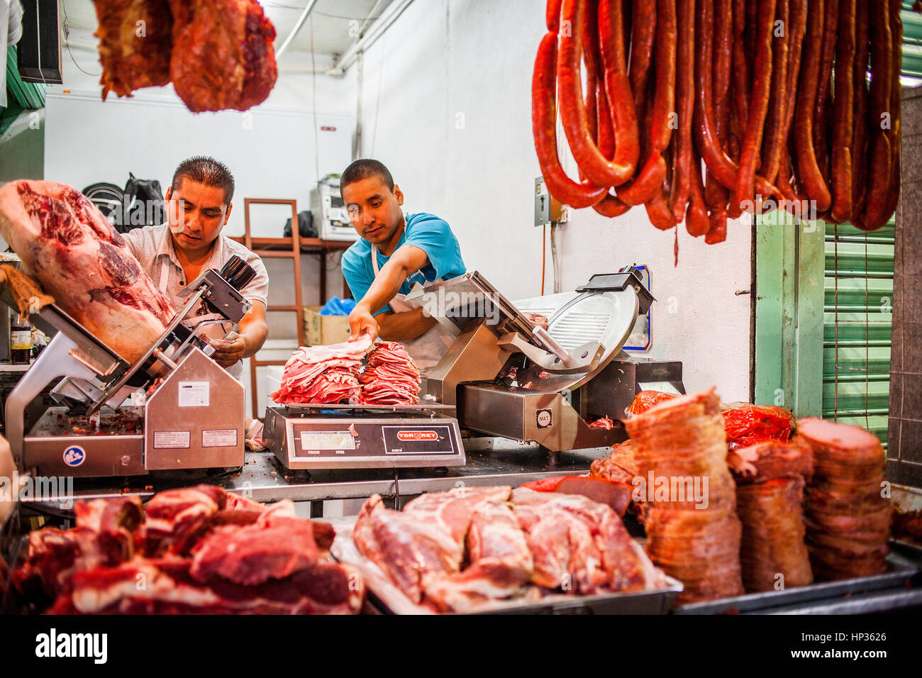 De la Merced Market, Butcher, Città del Messico, Messico Foto Stock