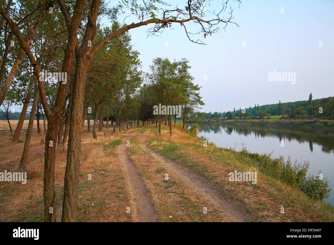 Paesaggio rurale, rurale strada sterrata lungo il fiume tra gli alberi Foto Stock