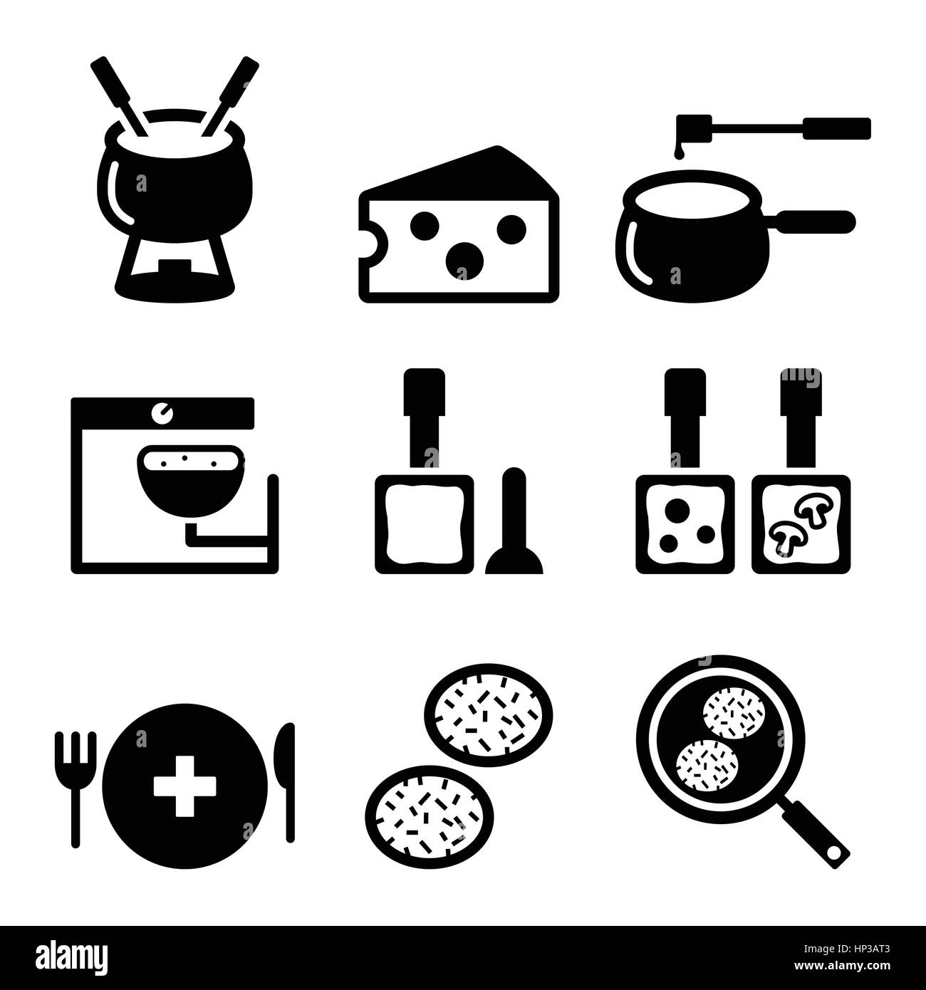Swiss food e piatti icone - fonduta, raclette, rösti, formaggio vettore set di icone di cibi tradizionali in Svizzera isolato su bianco Illustrazione Vettoriale