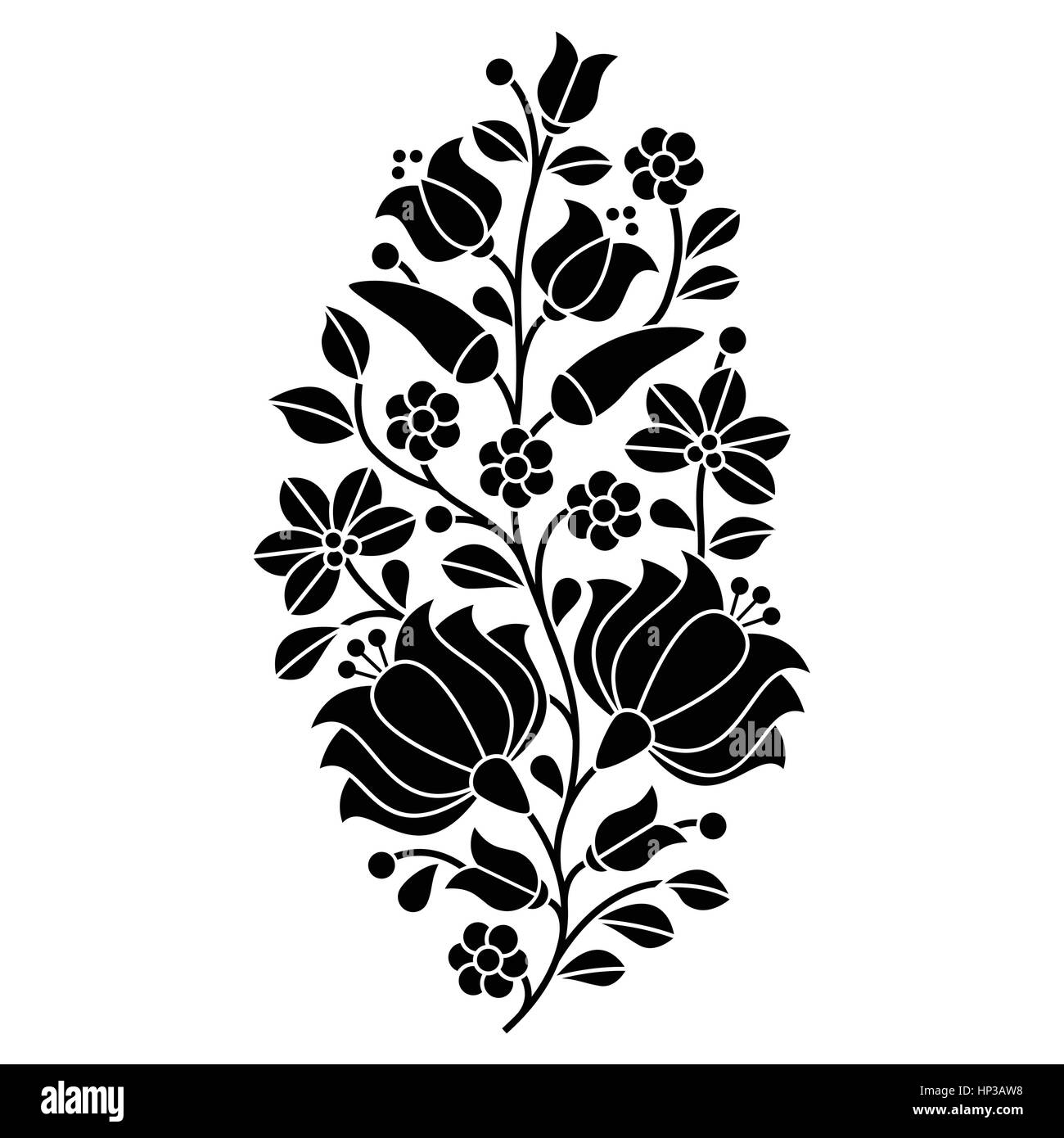 Ungherese folk nero pattern - Kalocsai il ricamo con fiori e paprica Illustrazione Vettoriale