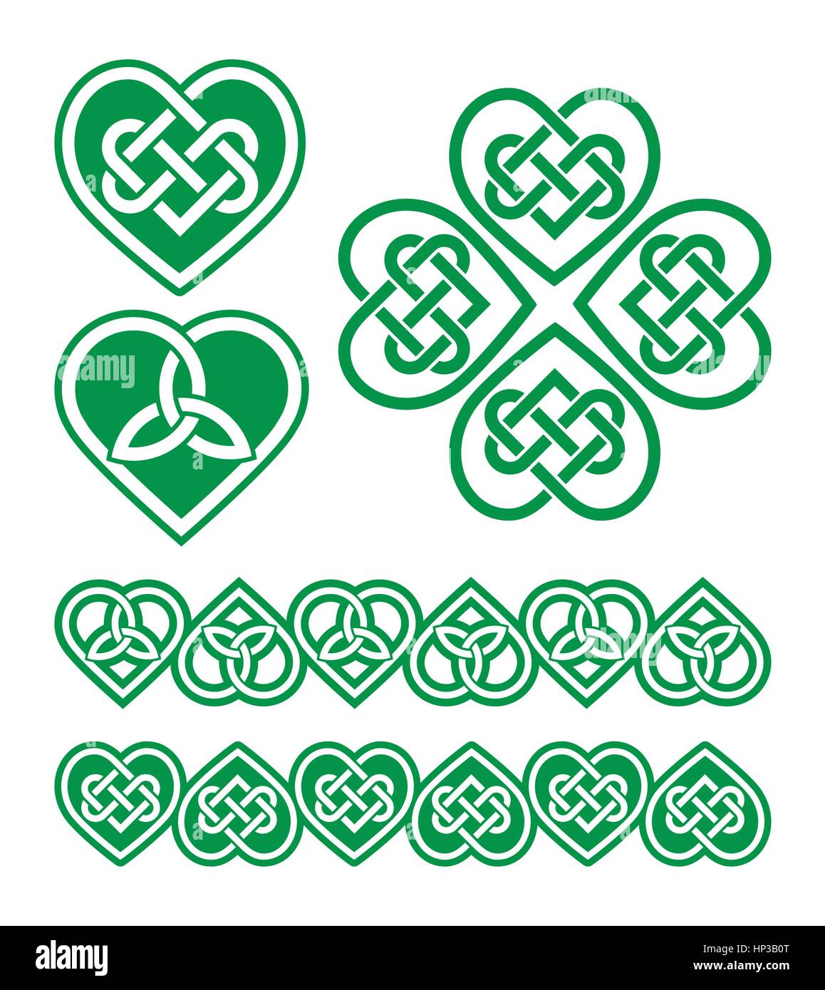Irlandese, celtica scozzese cuore verde modello di vettore.Celtic cuori set isolato su bianco Illustrazione Vettoriale