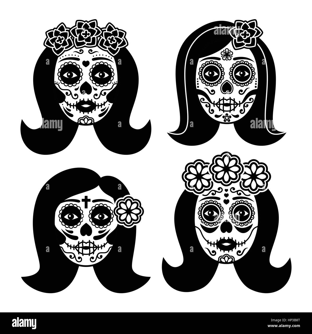 La messicana Catrina - Giorno dei Morti ragazza cranio. Il dia de los Muertos, donna cranio set di icone isolato su bianco Illustrazione Vettoriale