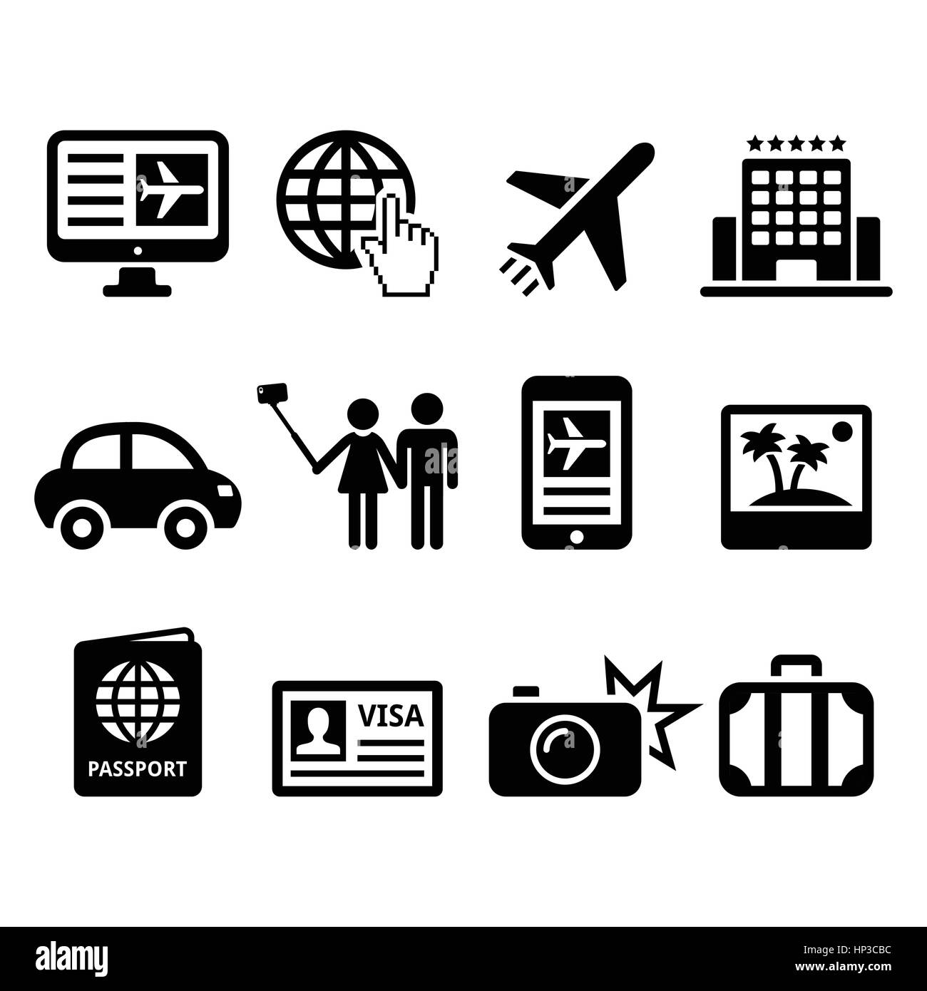 Viaggi e turismo, prenotazione vacanze set di icone.Vettore set di icone isolato su bianco - concetto di turismo Illustrazione Vettoriale