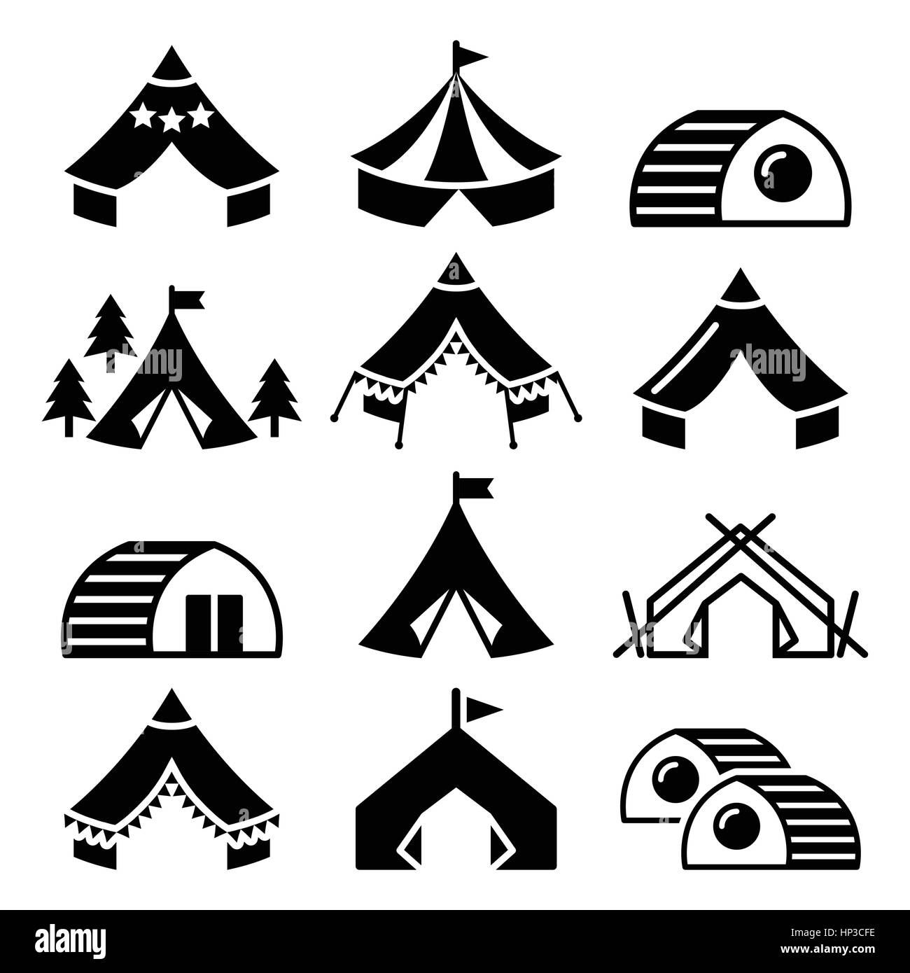 Glamping, lussuose tende da campeggio e bambu case set di icone. Icone vettoriali del glamour del campeggio - glamping isolato su bianco Illustrazione Vettoriale