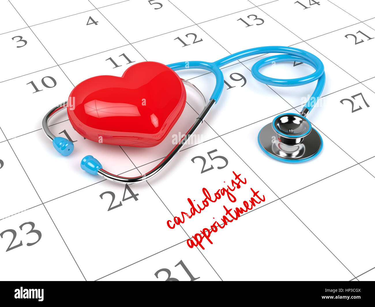 3D rendering di stetoscopio blu, il calendario e il cardiologo nomina nota. Foto Stock