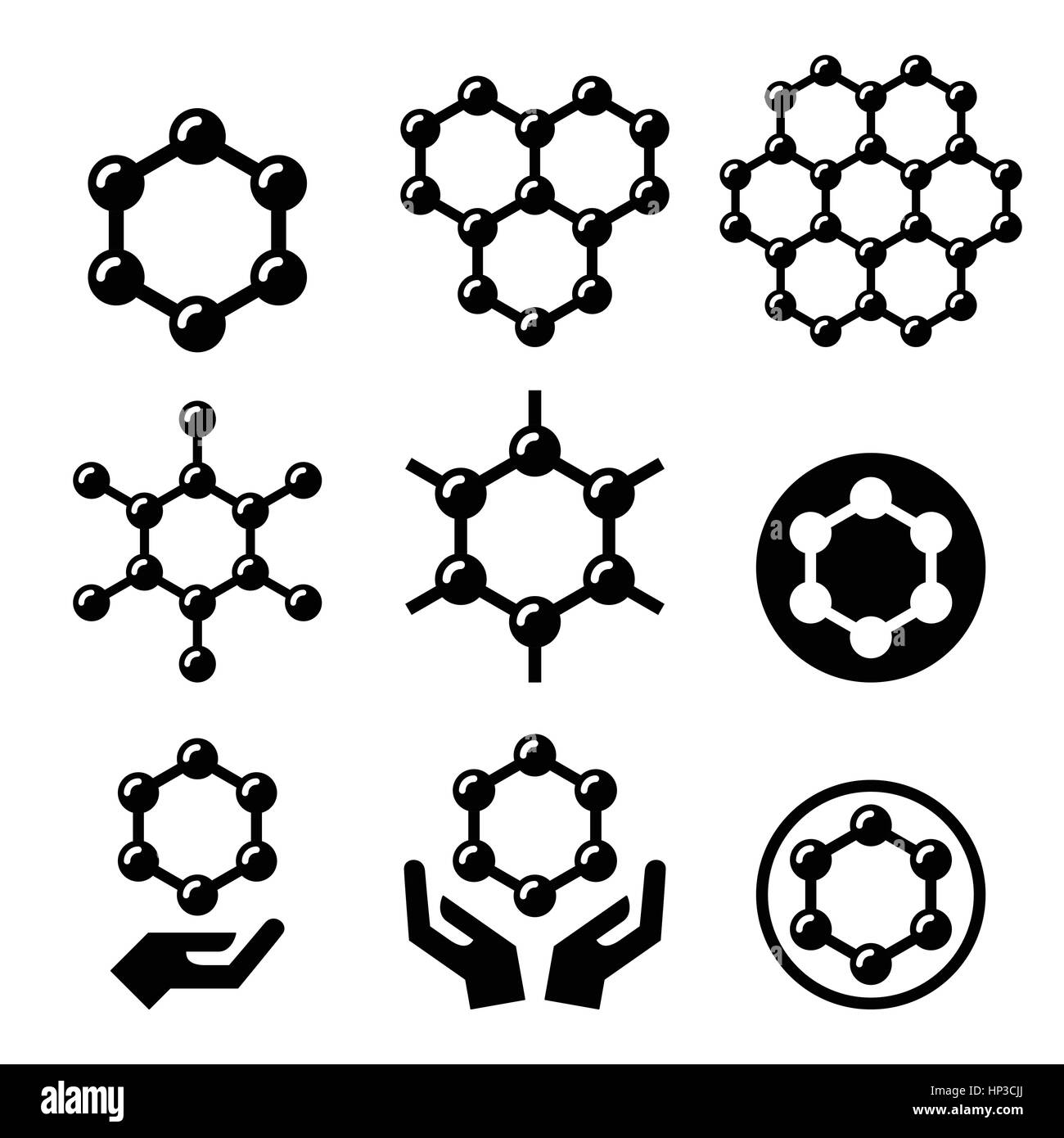 Carbone grafene struttura icone vettoriali. Grafene nanomateriale struttura chimica set di icone isolato su bianco Illustrazione Vettoriale