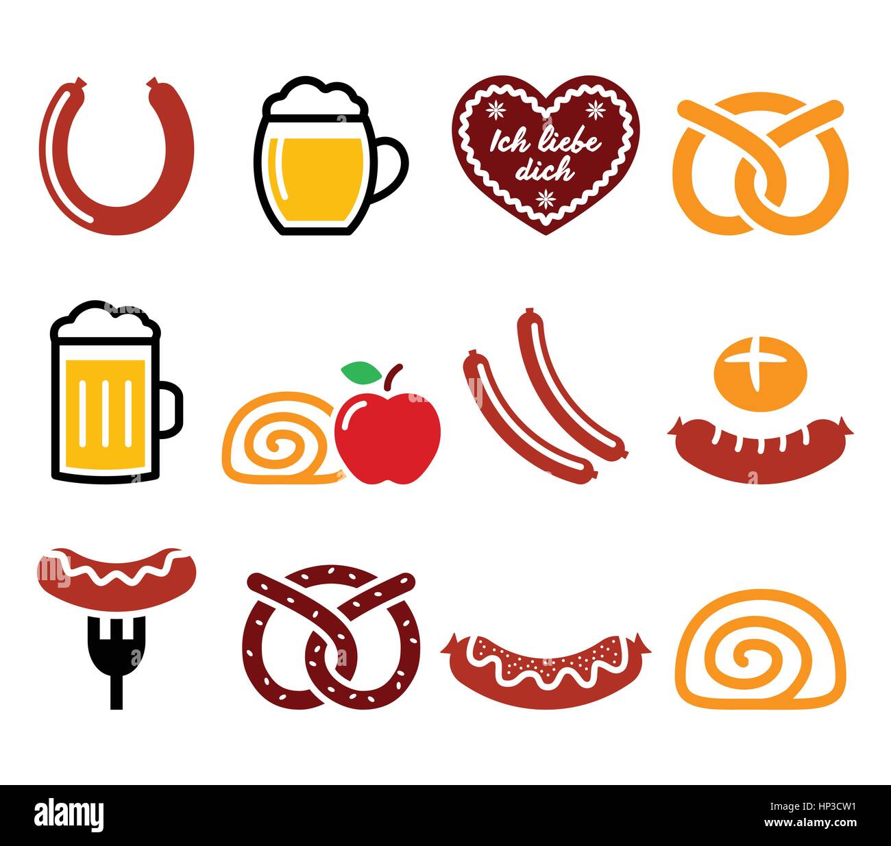 Tedesco, Oktoberfest - alimentari Salsicce, curry wurst, birra, pretzel, Apple icone. Icone vettoriali set di cibo tradizionale dalla Germania isolato Illustrazione Vettoriale