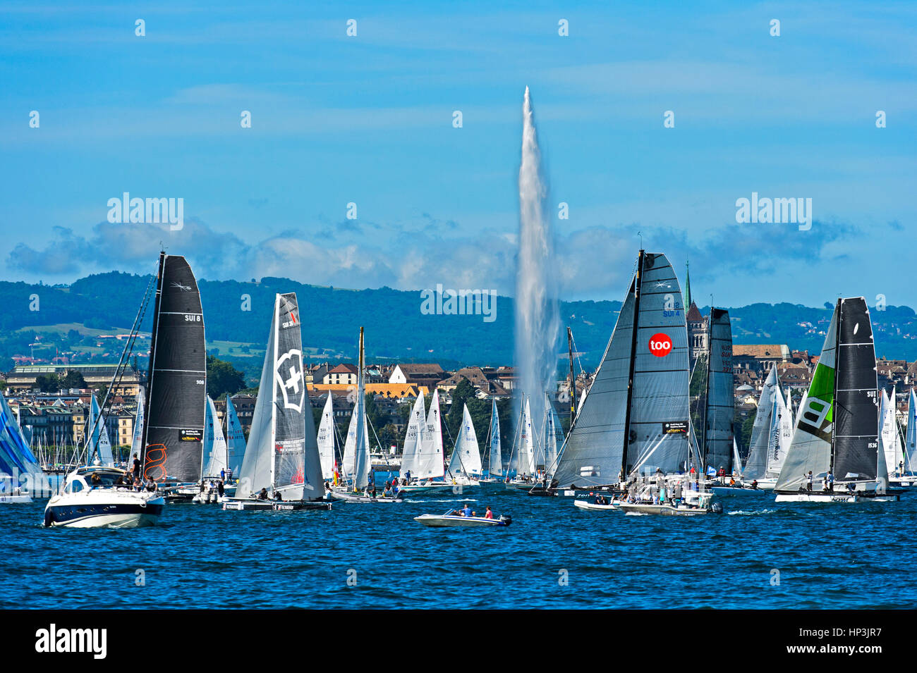 Barche a vela presso la linea di partenza, regata a vela Bol d'Or Mirabaud, sul Lago di Ginevra, il Cantone di Ginevra, Svizzera Foto Stock