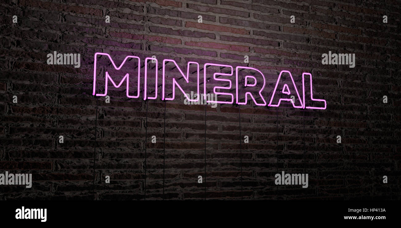-Minerale realistico segno al Neon su un muro di mattoni di sfondo - 3D reso Royalty free stock foto. Possono essere utilizzati per gli annunci tramite banner on line di altezza e direct mailer. Foto Stock