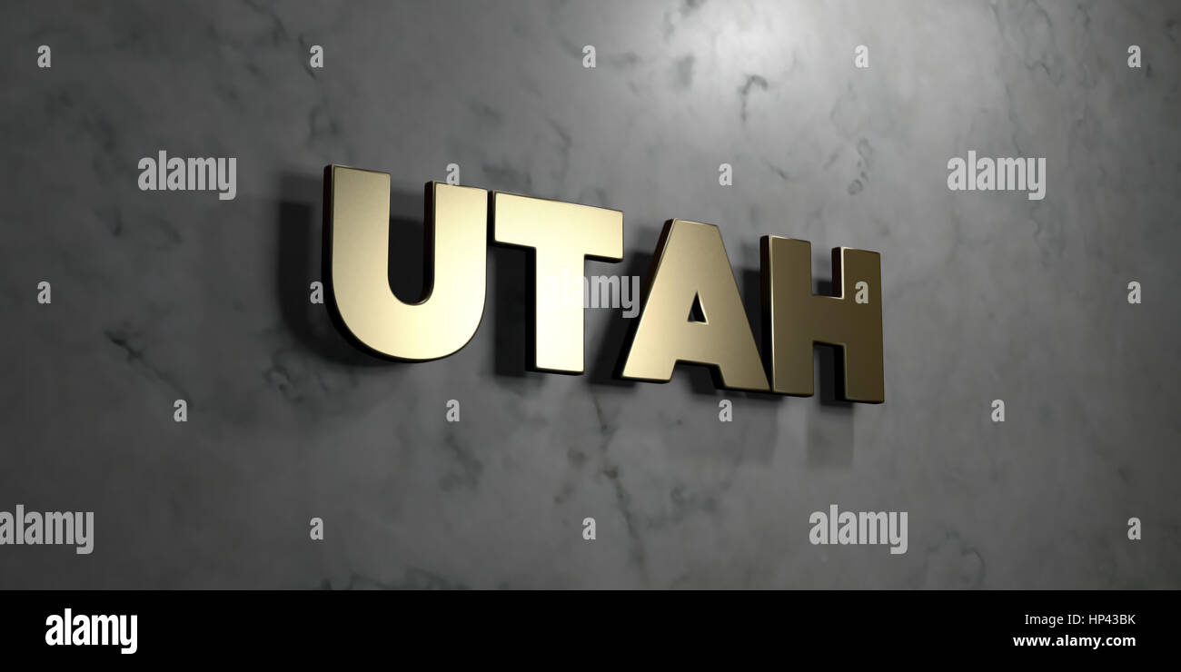 Utah - Oro segno montato sul marmo lucido parete - 3D reso Royalty free stock illustrazione. Questa immagine può essere utilizzata per un sito online banner Foto Stock