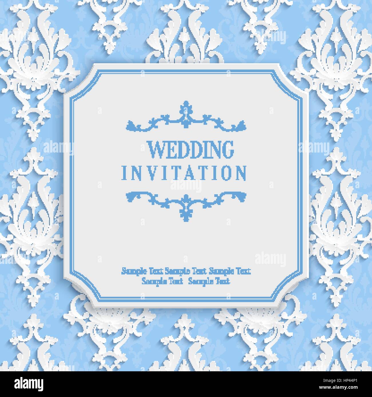 Vector Blue Vintage sfondo con 3d Floral Pattern di Damasco per il messaggio di saluto o scheda di invito Design in carta tagliata Style Illustrazione Vettoriale