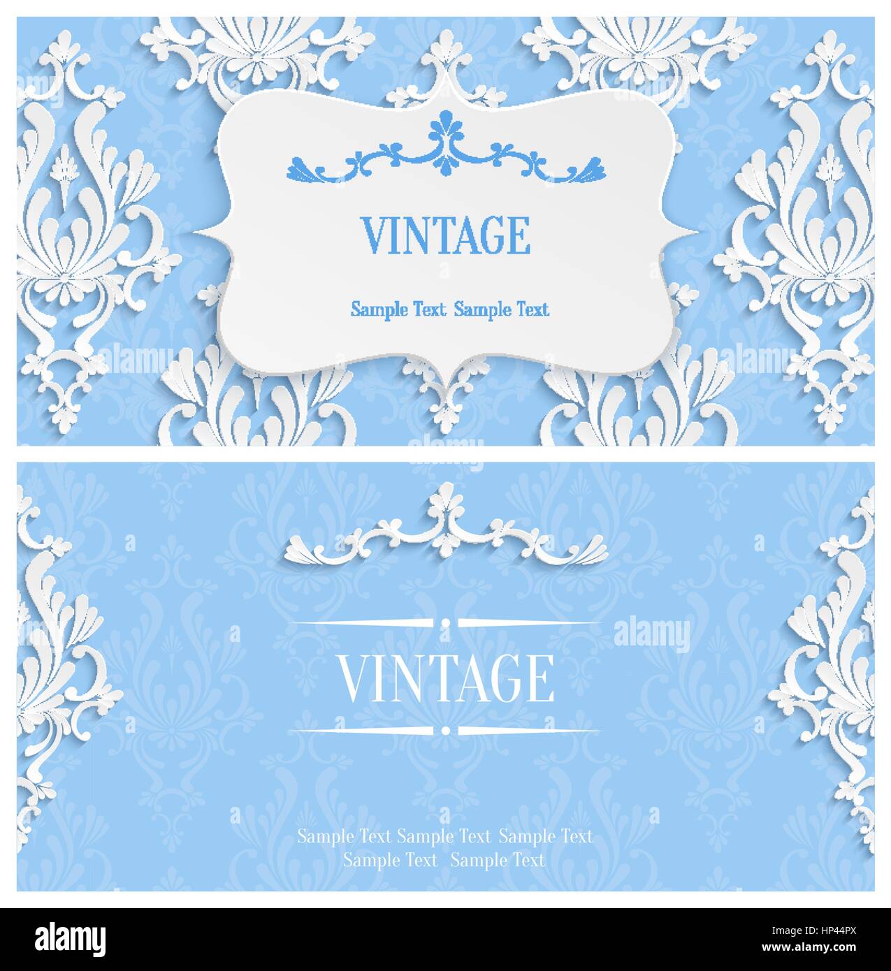 Vector Blue Vintage sfondo con 3d Damasco floreali Modello di configurazione per il messaggio di saluto o scheda di invito Design in carta tagliata Style Illustrazione Vettoriale