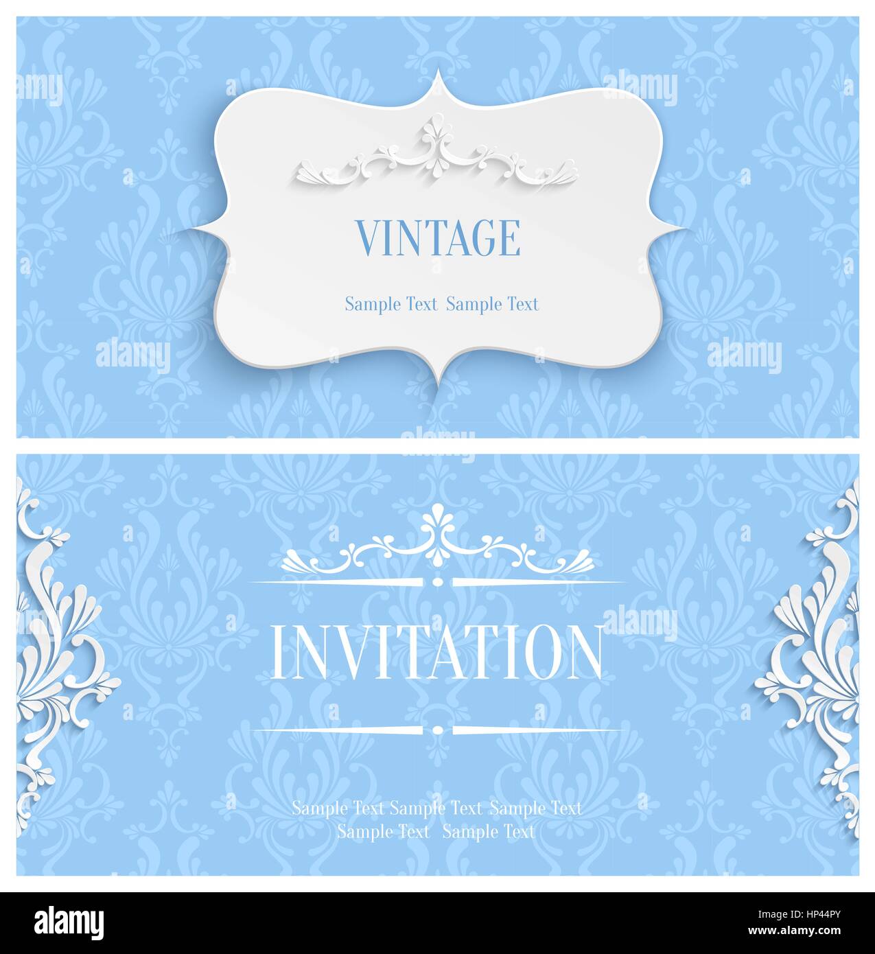 Vector Blue Vintage sfondo con 3d Floral Pattern di Damasco per il messaggio di saluto o scheda di invito Design in carta tagliata Style Illustrazione Vettoriale