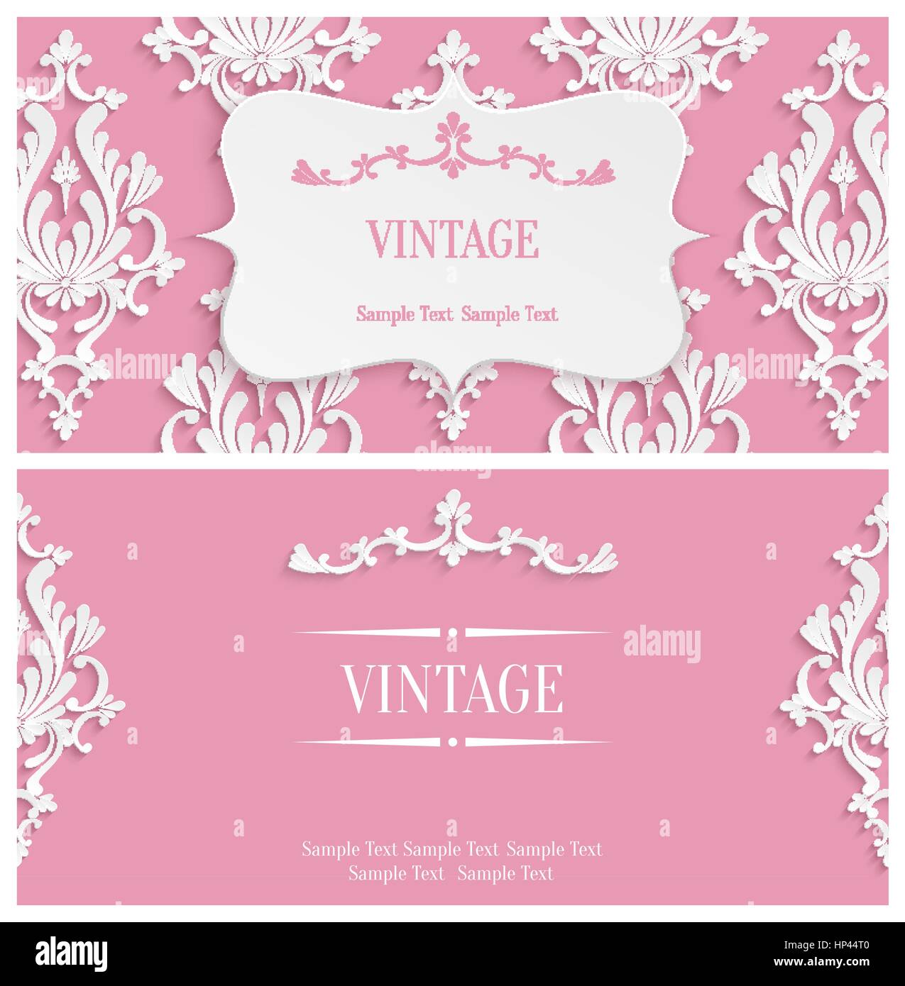 Vettore Vintage Rosa sfondo con 3d Damasco floreali Modello di configurazione per il messaggio di saluto o scheda di invito Design in carta tagliata Style Illustrazione Vettoriale