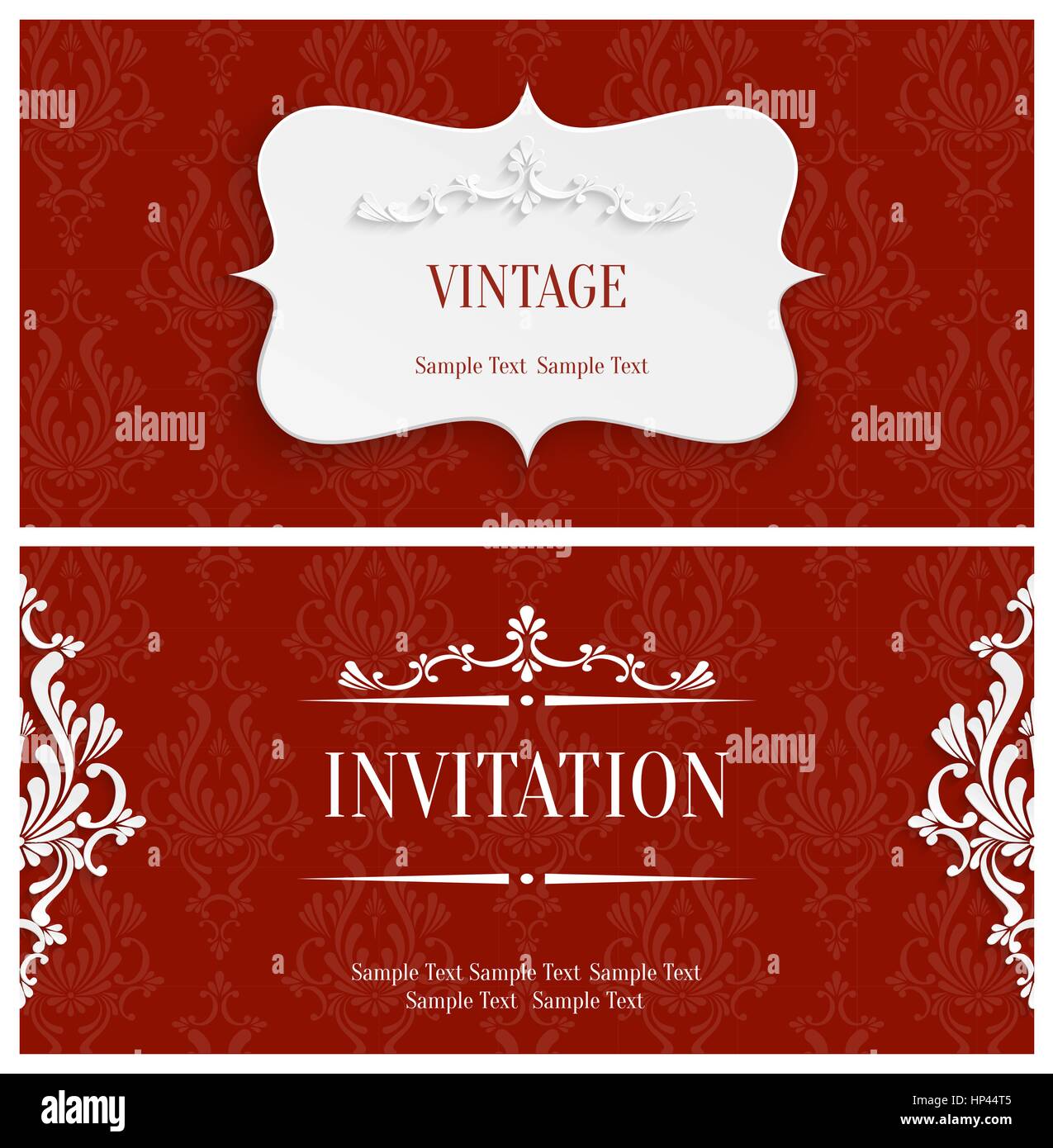 Vettore Vintage rosso sfondo con 3d Floral Pattern di Damasco per il messaggio di saluto o scheda di invito Design in carta tagliata Style Illustrazione Vettoriale