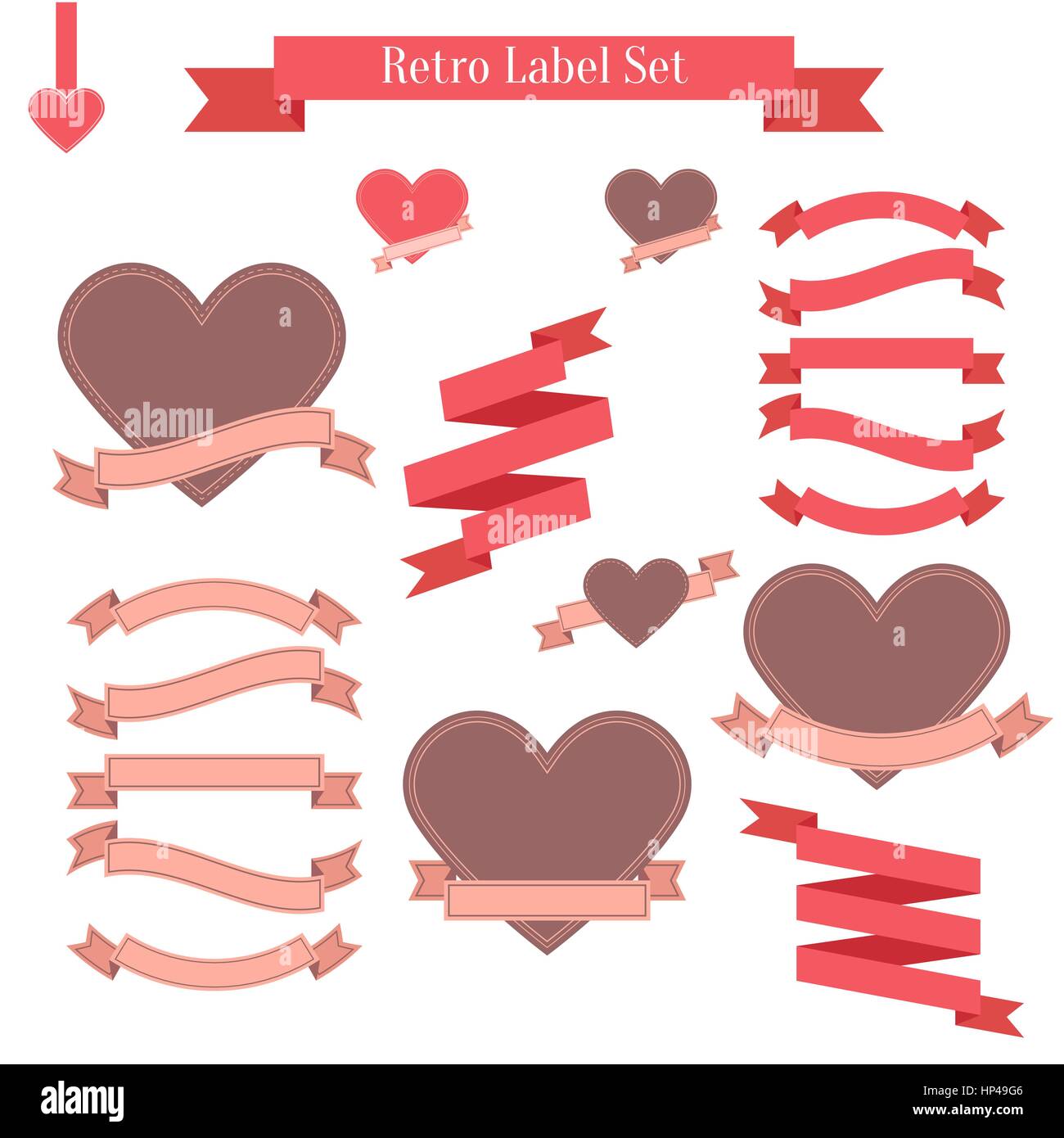 Set di etichette retrò, nastri, banner e tag. Vintage design cuore della raccolta di elementi per il giorno di San Valentino Illustrazione Vettoriale