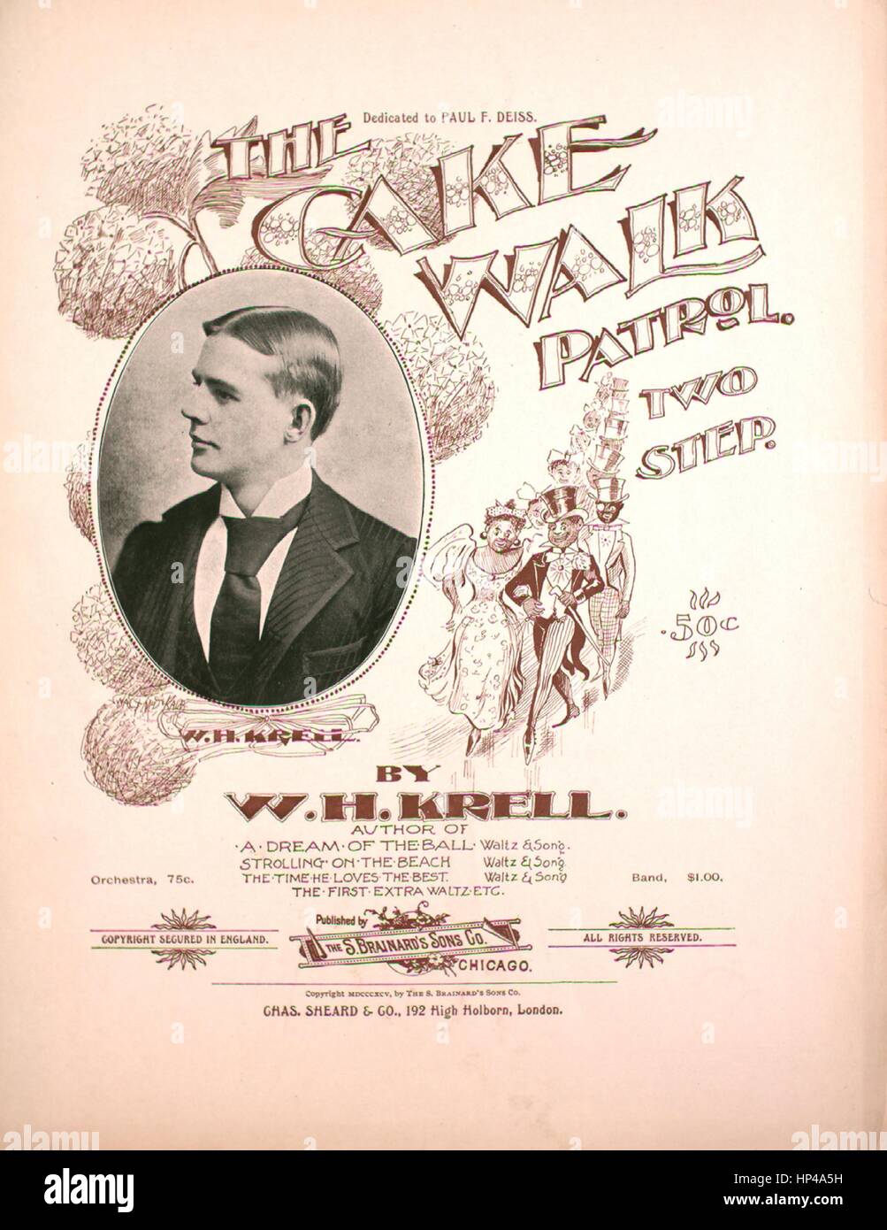 Foglio di musica immagine copertina della canzone "La torta a piedi Patrol due passo", con paternitã originale lettura delle note "da WH Krell', Stati Uniti, 1895. L'editore è elencato come 'l'S. Brainard i figli Co.', la forma della composizione è 'sectional [con didascalie descrittive, ad esempio, 'l'inizio,' 'rientrano in linea']', la strumentazione è 'piano', la prima riga indica 'Nessuno', e l'illustrazione artista è elencato come 'unattrib. foto di Krell'. Foto Stock
