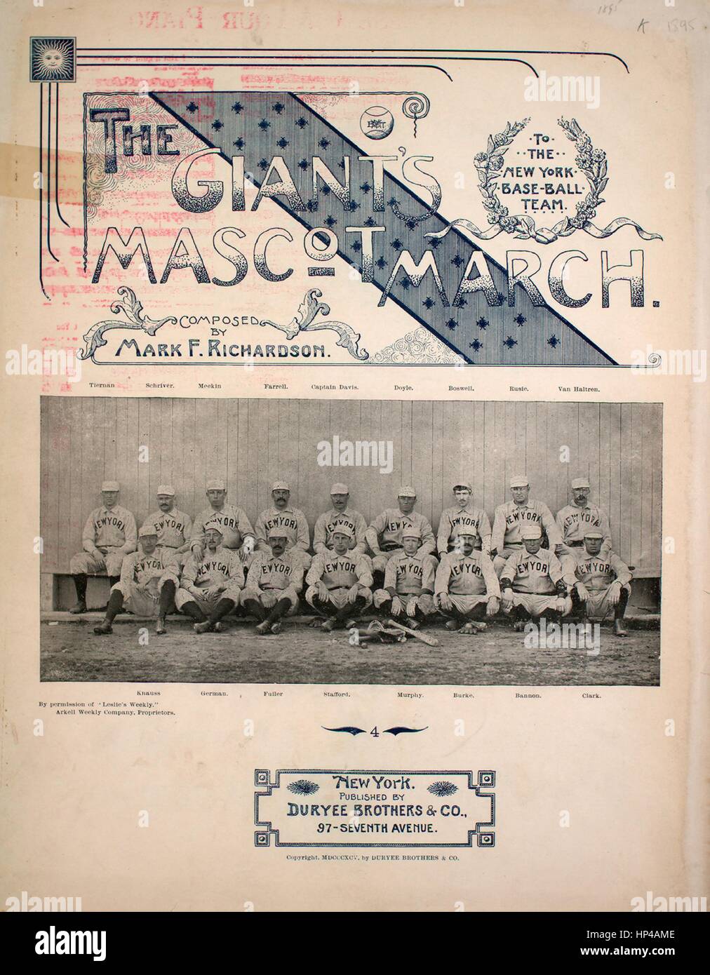 Foglio di musica immagine copertina della canzone "Il Gigante mascotte del  marzo", con paternitã originale lettura delle note "composto da Mark F  Richardson', Stati Uniti, 1895. L'editore è elencato come 'Duryee fratelli