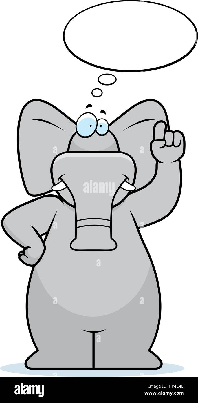 Un cartoon happy elephant pensare e sorridente. Illustrazione Vettoriale