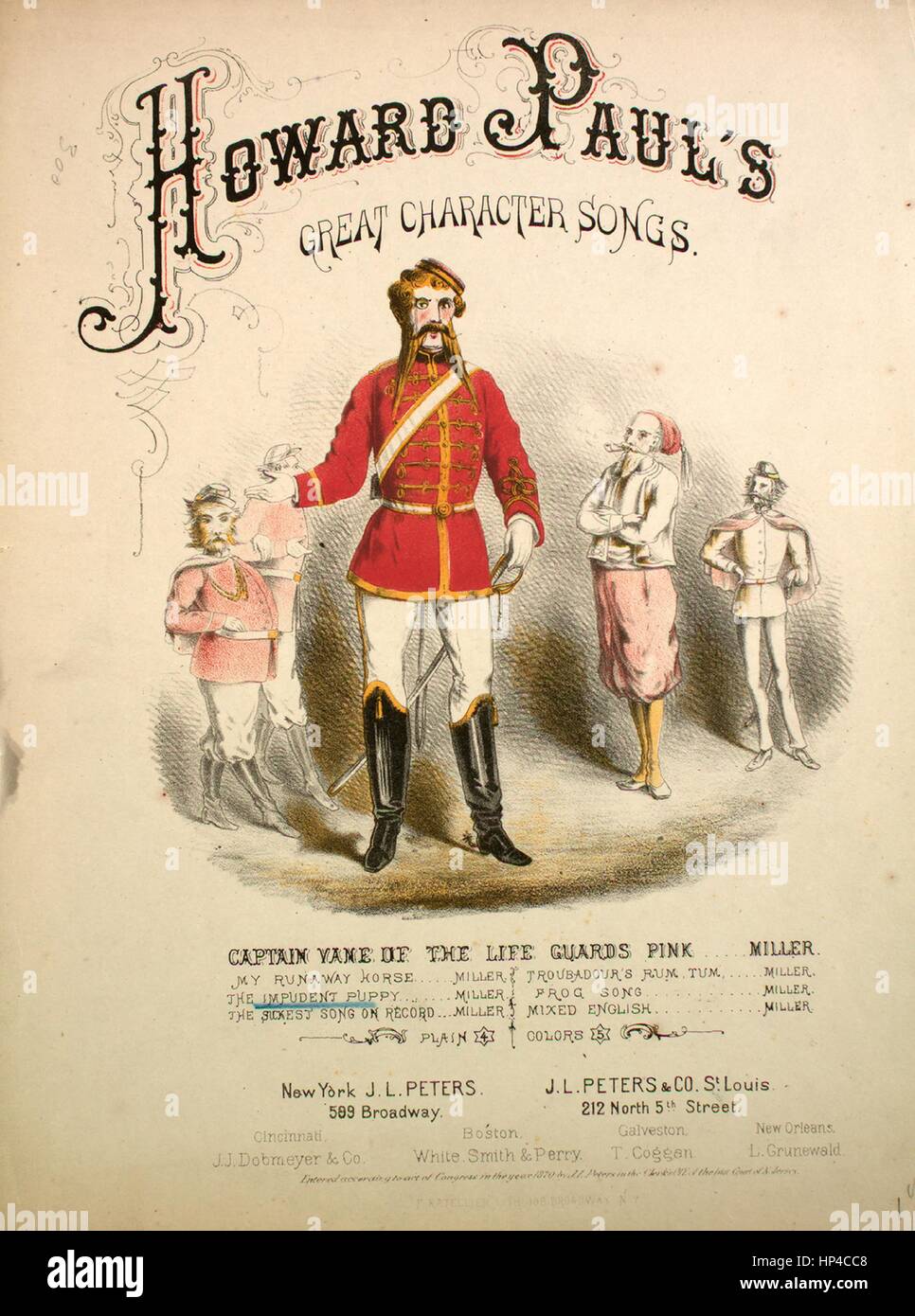 Foglio di musica immagine copertina della canzone "Howard Paolo grande carattere canzoni impudenti Cucciolo', con paternitã originale lettura note 'Miller', Stati Uniti, 1870. L'editore è elencato come 'J.L. Peters, 599 Broadway', la forma della composizione è "solo coperchio senza musica', la strumentazione è 'pianoforte e voce [?]", la prima riga indica 'Nessuno', e l'illustrazione artista è elencato come "F. Ratellier Lith. 198 Broadway N.Y.". Foto Stock