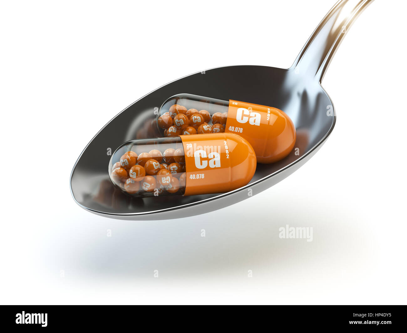 Pillole con calcio calcio Ca elemento del cucchiaio. Integratori alimentari. Vitamina capsule. 3d illustrazione Foto Stock