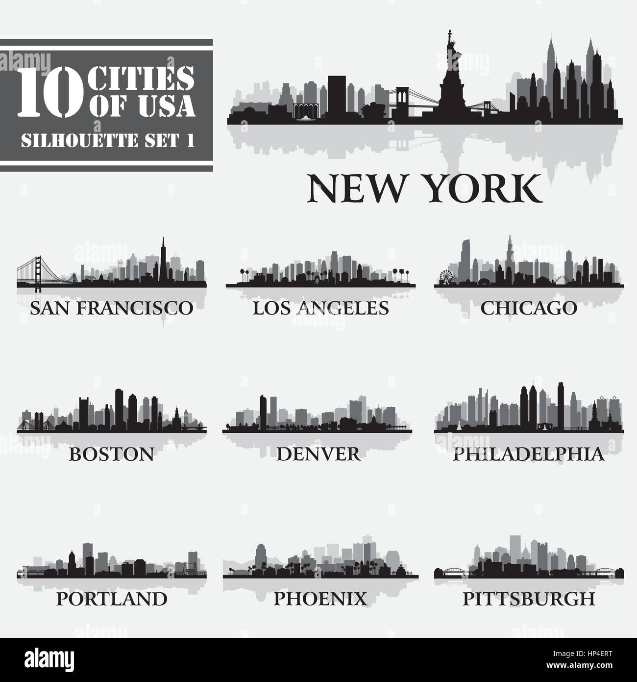 Silhouette set città di Stati Uniti d'America 1. Illustrazione Vettoriale Illustrazione Vettoriale