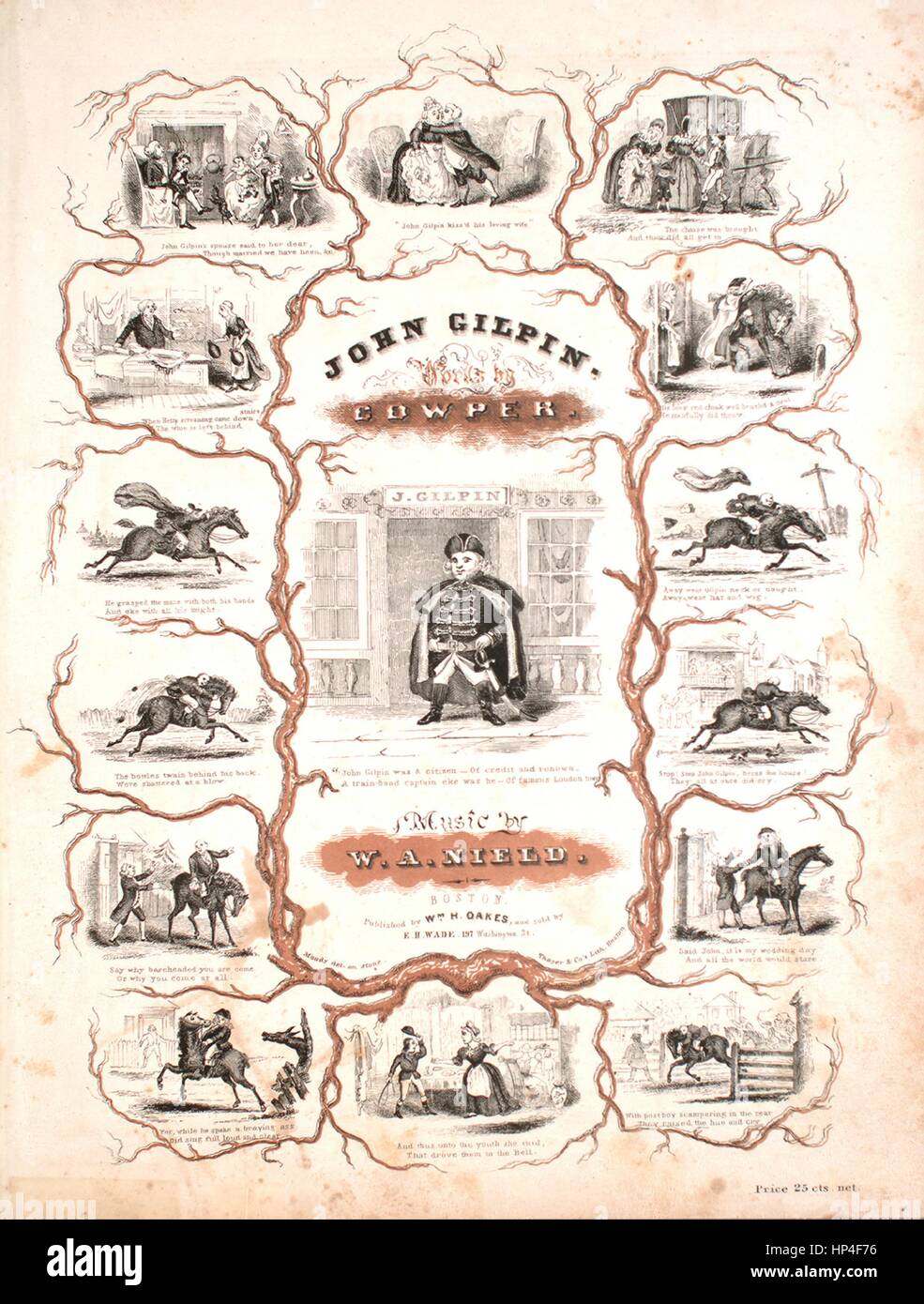 Foglio di musica immagine copertina della canzone 'John Gilpin', con paternitã originale lettura delle note "Parole da Cowper musica da WA Nield', Stati Uniti, 1900. L'editore è elencato come 'Wm. H. Oakes', la forma della composizione è 'strofico', la strumentazione è 'pianoforte e voce", la prima linea recita "John Gilpin fu un cittadino, di credito e fama", e l'illustrazione artista è elencato come 'Moody canc. su pietra. Thayer e Co. La Lith. Boston'. Foto Stock