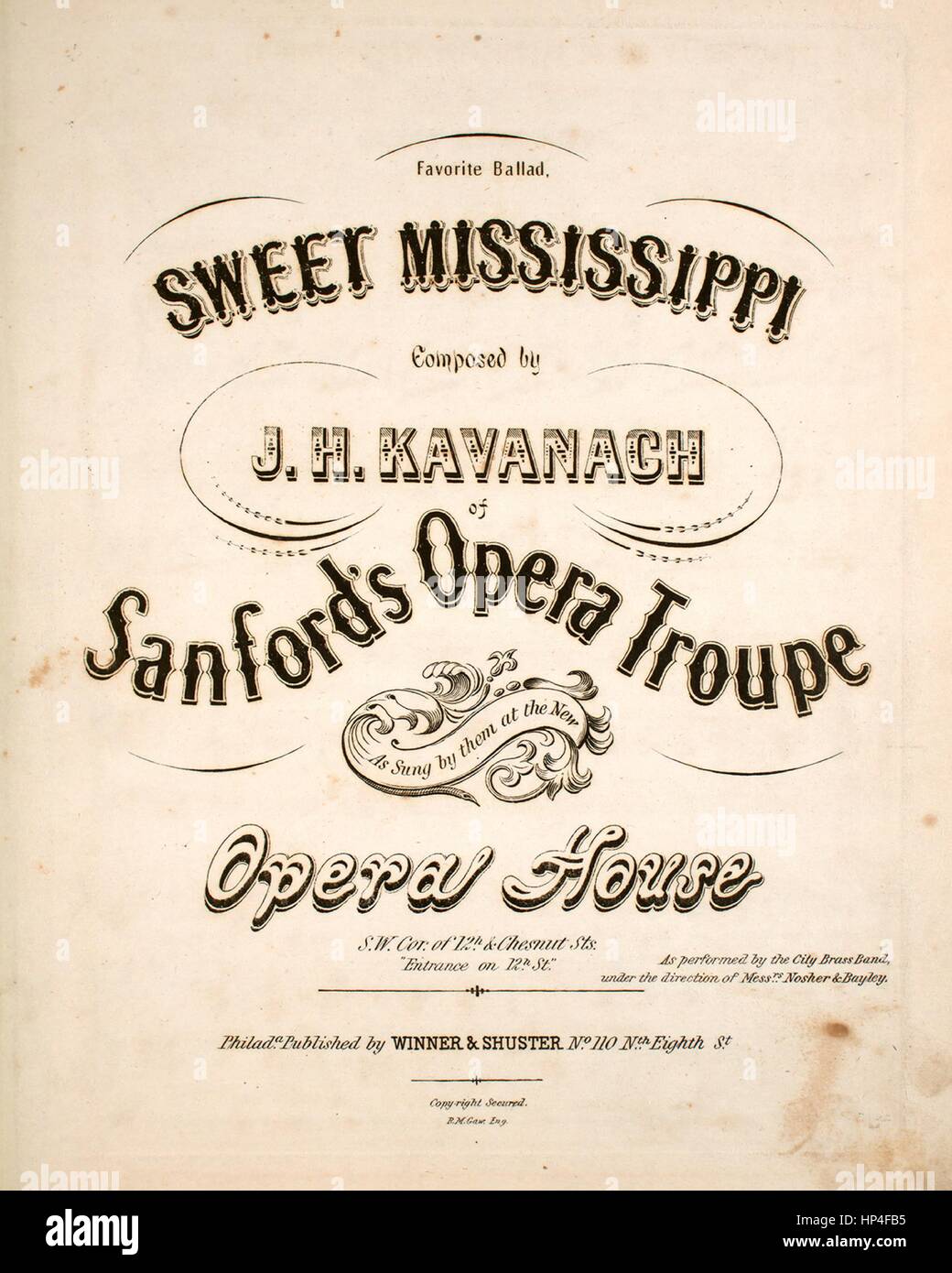 Foglio di musica immagine copertina della canzone 'Preferiti ballata dolce Mississippi', con paternitã originale note "lettura composta da JH Kavanagh di Sanford's Opera Troupe', Stati Uniti, 1853. L'editore è elencato come "il vincitore e Shuster, n. 110 n. Ottavo Sant', la forma della composizione è 'strofico con chorus', la strumentazione è 'pianoforte e voce", la prima linea di legge 'Sweet Mississippi, orgoglio del west, come spesso ho la vela sulla corrente Io amo i migliori", e l'illustrazione artista è elencato come 'R.M. Gaw, ing; Vincitore Engr.". Foto Stock