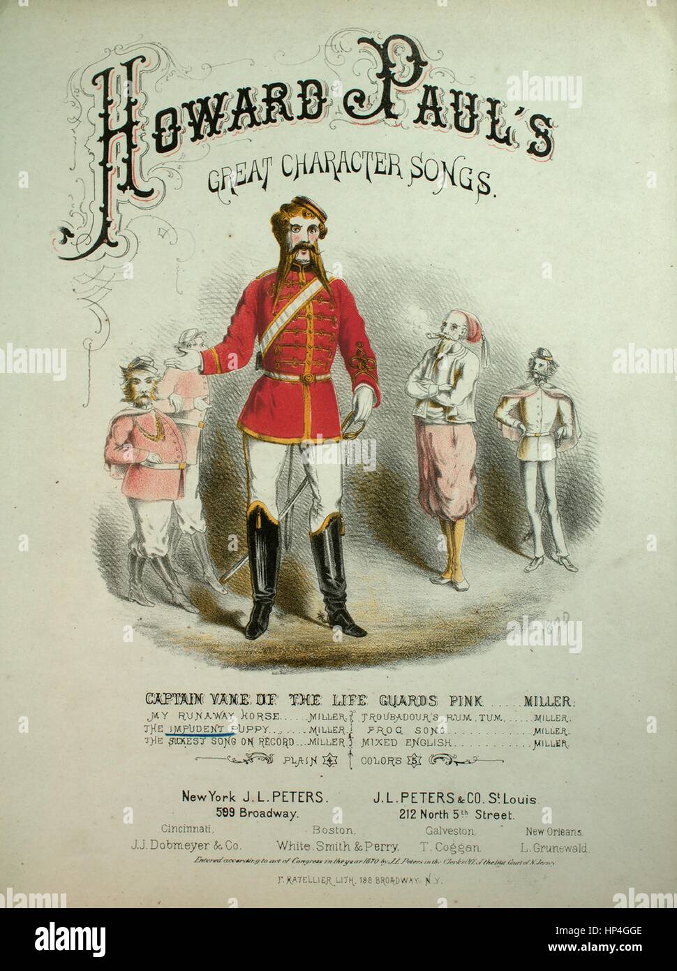 Foglio di musica immagine copertina della canzone "Howard Paolo grande carattere canzoni impudenti cucciolo canzone di fumetti per i signori", con paternitã originale lettura delle note "disposti da Harry Miller', Stati Uniti, 1870. L'editore è elencato come 'J.L. Peters, 599 Broadway', la forma della composizione è 'strofico con chorus', la strumentazione è 'pianoforte e voce", la prima linea recita che "il fascino della miniera è di più divino in realtà non posso dire', e l'illustrazione artista è elencato come "F. Ratellier Lith. 188 Broadway, N.Y.". Foto Stock