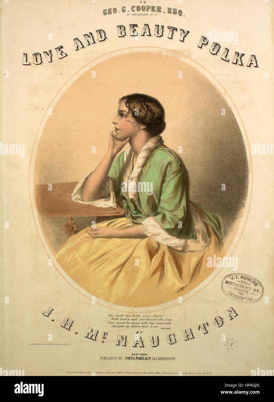 Foglio di musica immagine copertina della canzone "Amore e bellezza Polka", con paternitã originale lettura delle note "Da JH McNaughton', Stati Uniti, 1860. L'editore è elencato come 'Firth, stagno e Co., 547 Broadway', la forma della composizione è 'sectional', la strumentazione è 'piano', la prima riga indica 'Nessuno', e l'illustrazione artista è elencato come "lith. Di Sarony, grandi e Knapp'. Foto Stock