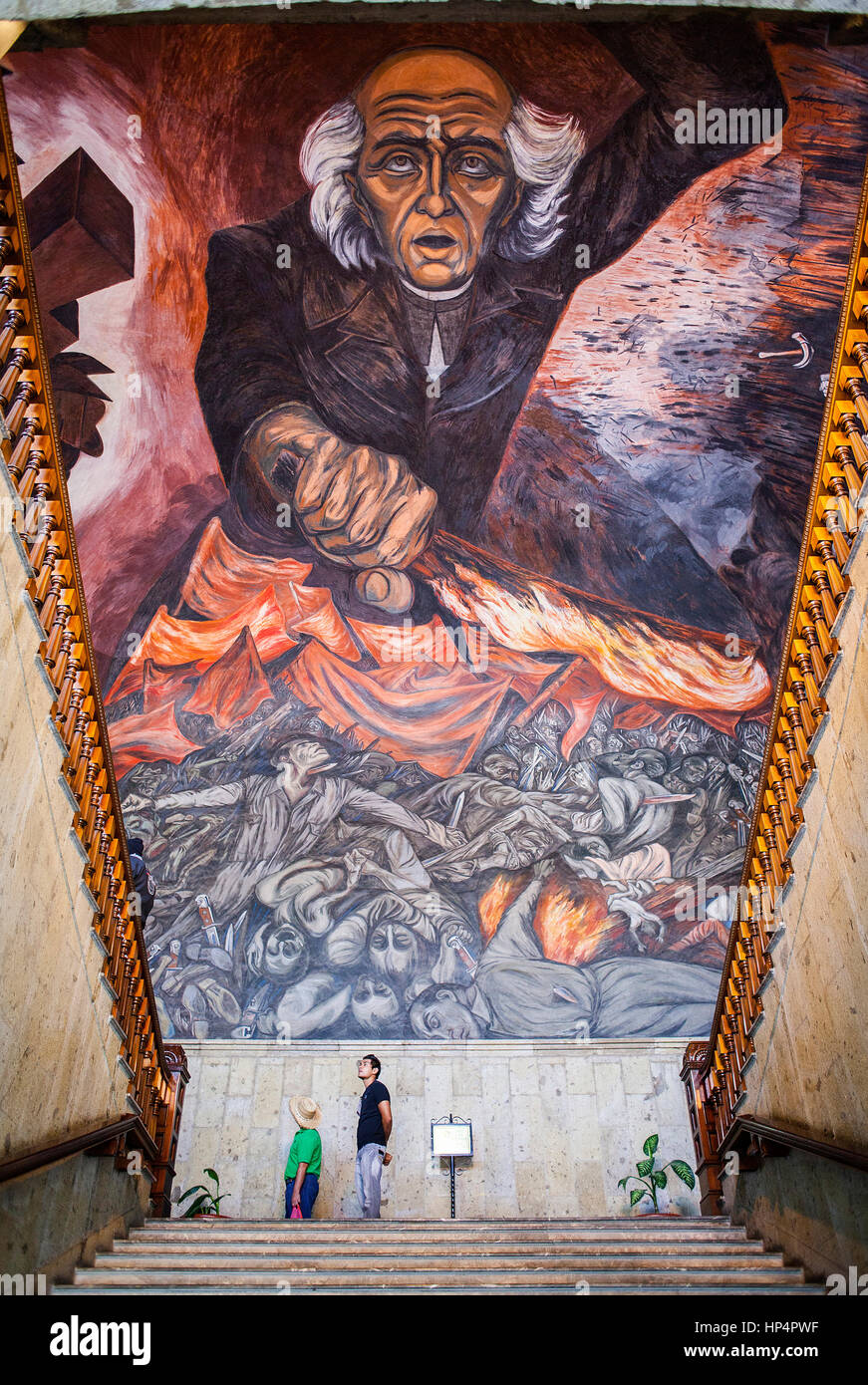 "Hidalgo' pittura murale di José Clemente Orozco sulla scala principale del palazzo del governo, a Guadalajara. Jalisco, Messico Foto Stock