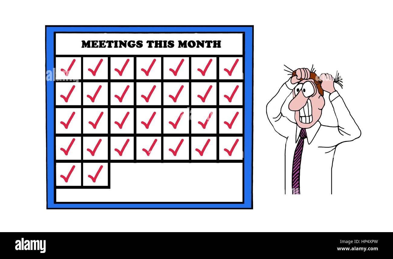 Illustrazione di imprenditore ha sottolineato tirando i suoi capelli fuori quando egli si rende conto di quante riunioni ha frequentare questo mese. Foto Stock