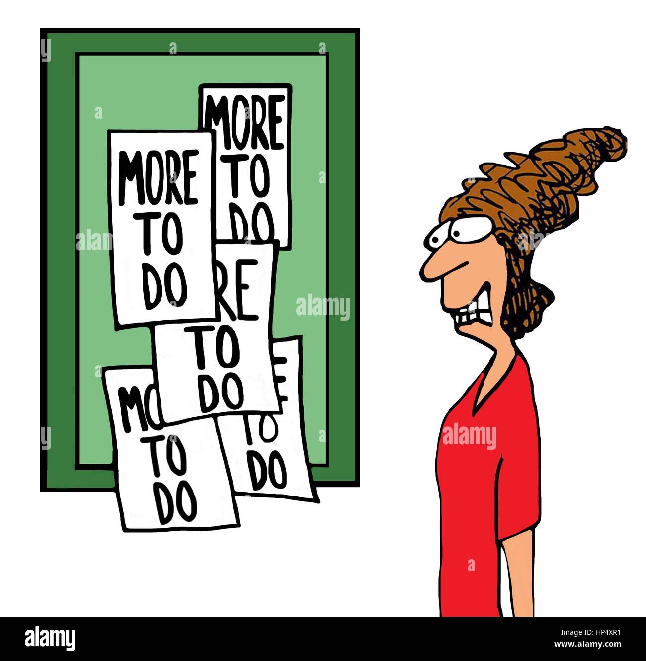 Illustrazione di una donna ha sottolineato guardando la quantità di lavoro che ha a che fare. Foto Stock