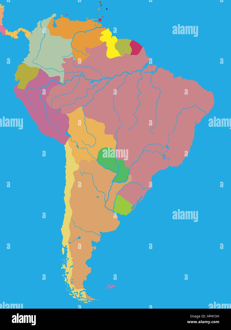 Colore mappa politica del Sud America con le frontiere dei paesi Illustrazione Vettoriale