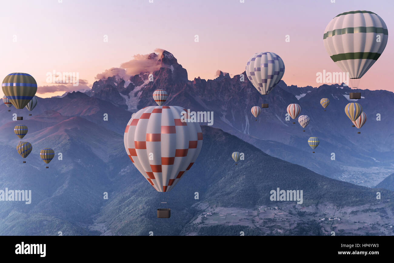 Colorate mongolfiere volare oltre la montagna. Foto Stock