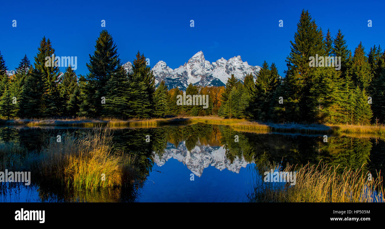 Montagne che si riflettono su di un lago calmo - Wyoming Foto Stock