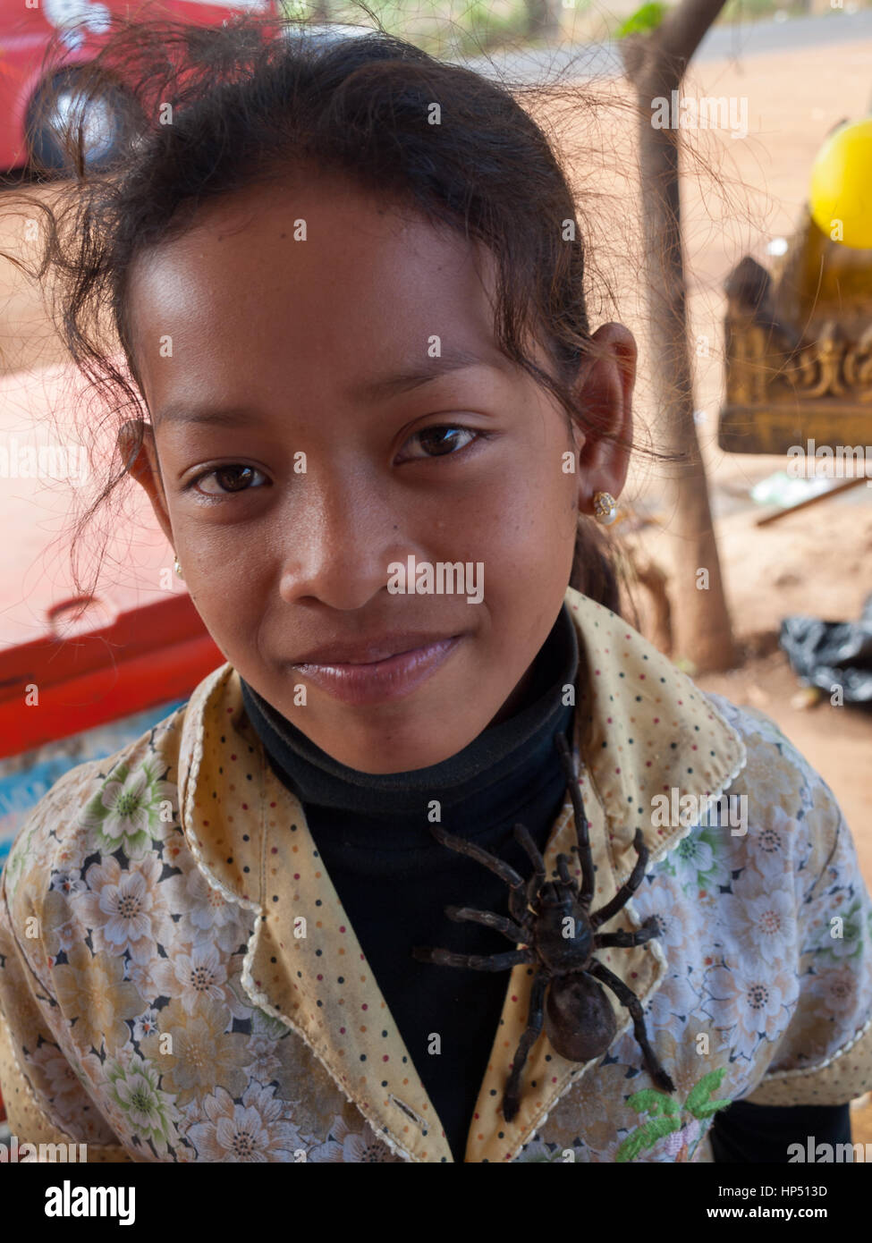 Ragazza cambogiana con tarantola Foto Stock