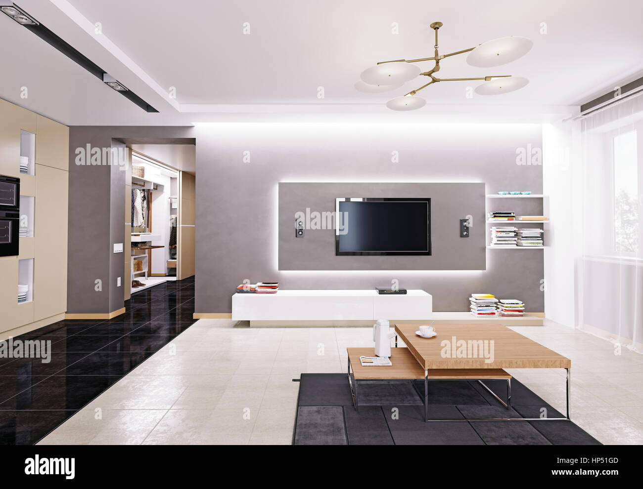 Moderno appartamento soggiorno. Il rendering 3D Foto Stock