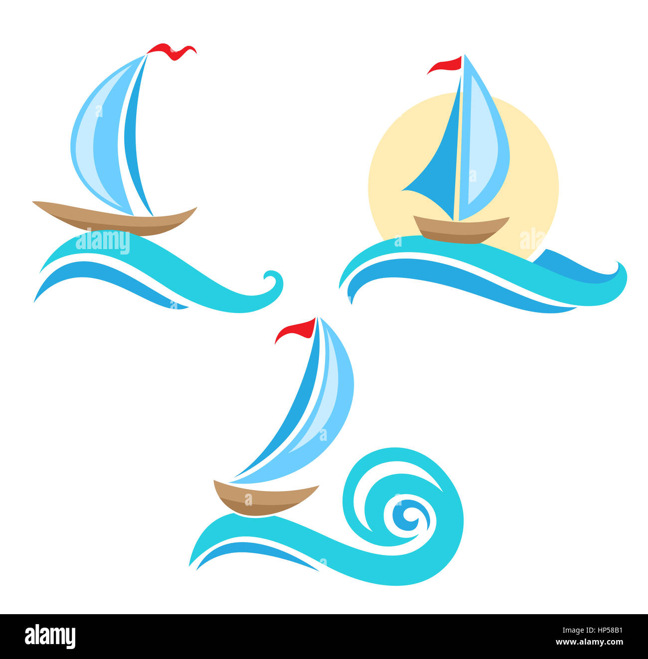Nave a vela icona. Concetto di viaggio. Barca e blue wave. Foto Stock