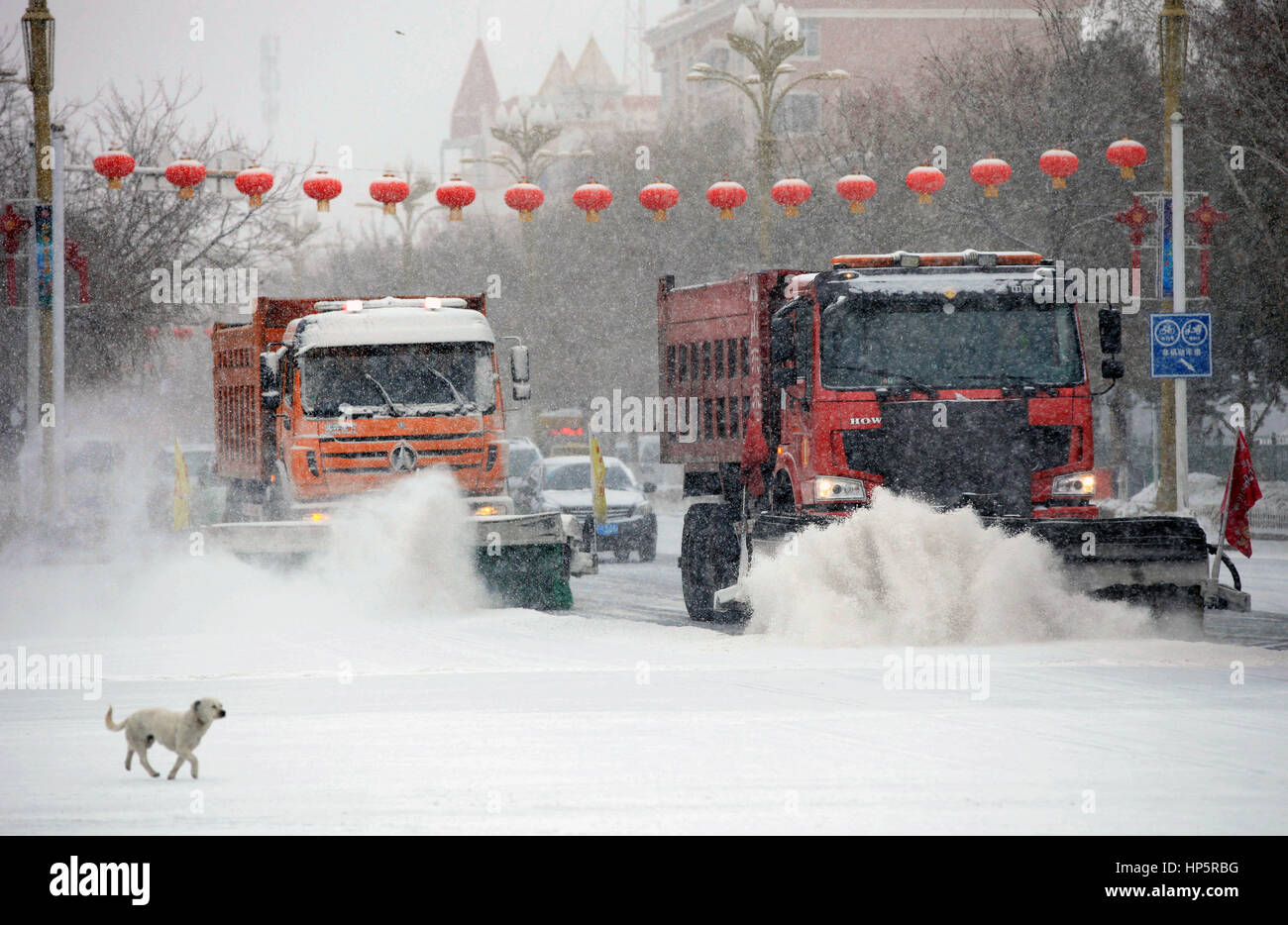 Degli Altai. 19 Feb, 2017. Snow movers pulire le strade in degli Altai, a nord-ovest della Cina di Xinjiang Uygur Regione autonoma, Feb 19, 2017. Un avviso di blu per ondata di freddo portato da un getto forte di aria fredda è stato pubblicato il Domenica, secondo il National centro meteorologico. Credito: Xinhua/Alamy Live News Foto Stock