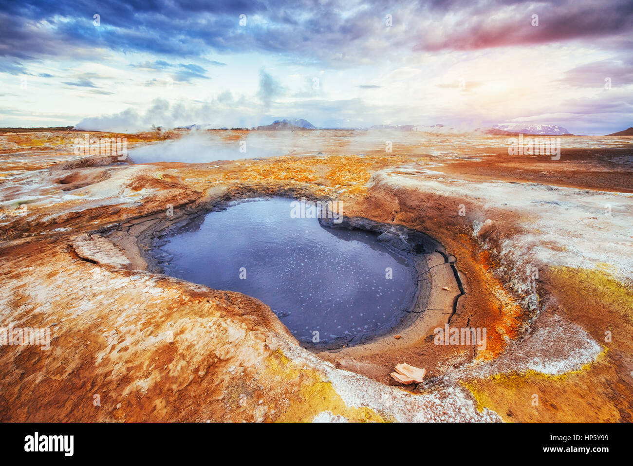 Campo di fumarole in Islanda Namafjall. I paesaggi pittoreschi boschi. Foto Stock