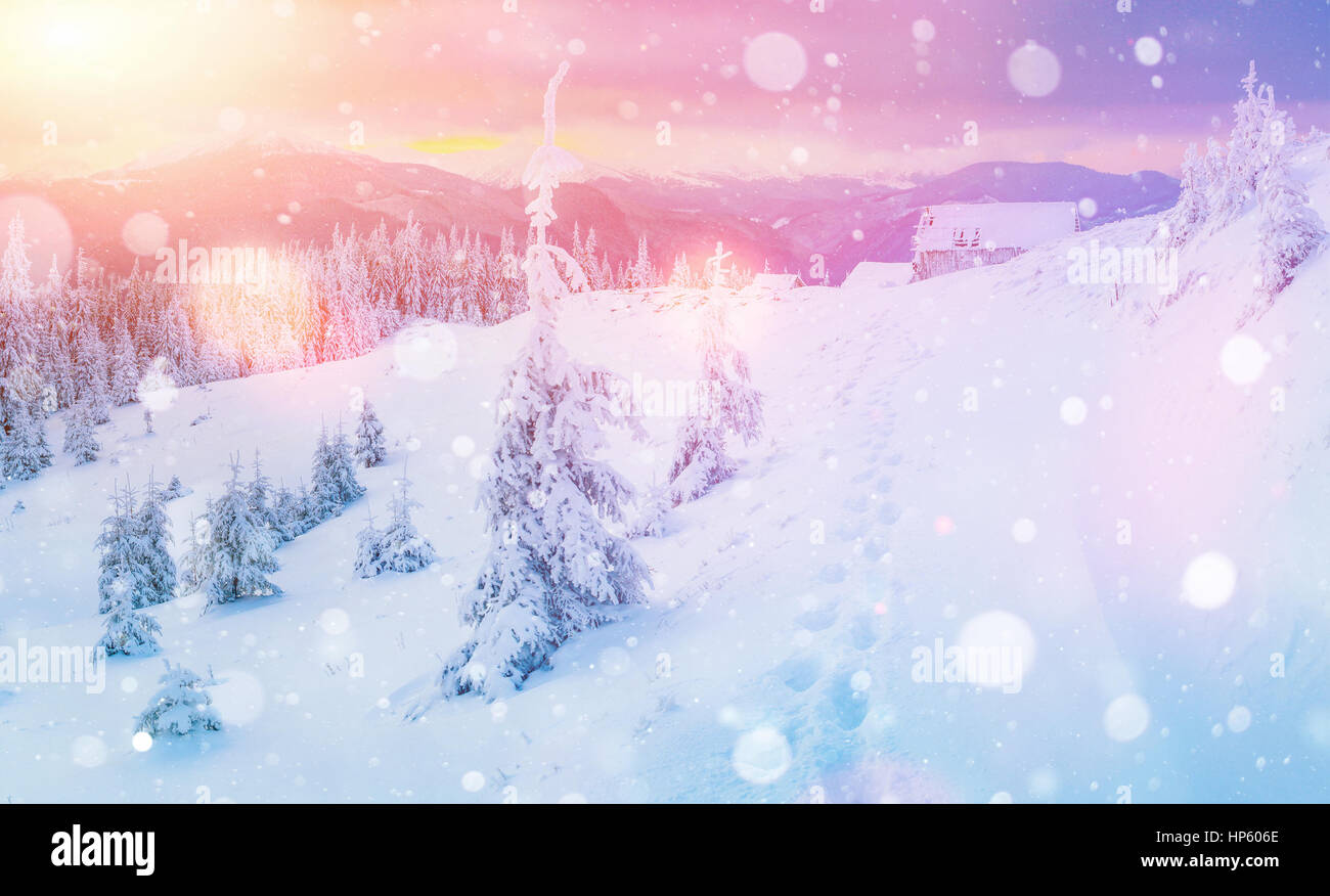 Misterioso paesaggio invernale maestose montagne Foto Stock
